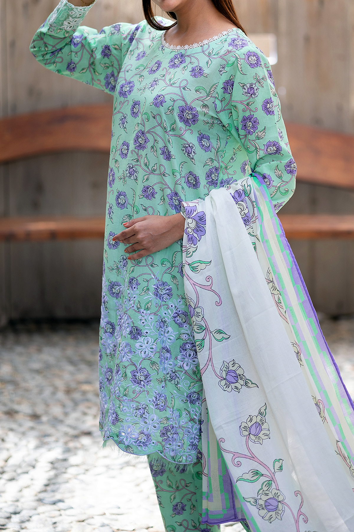 Minty Purple 3 Piece Unstitched Chikankari
