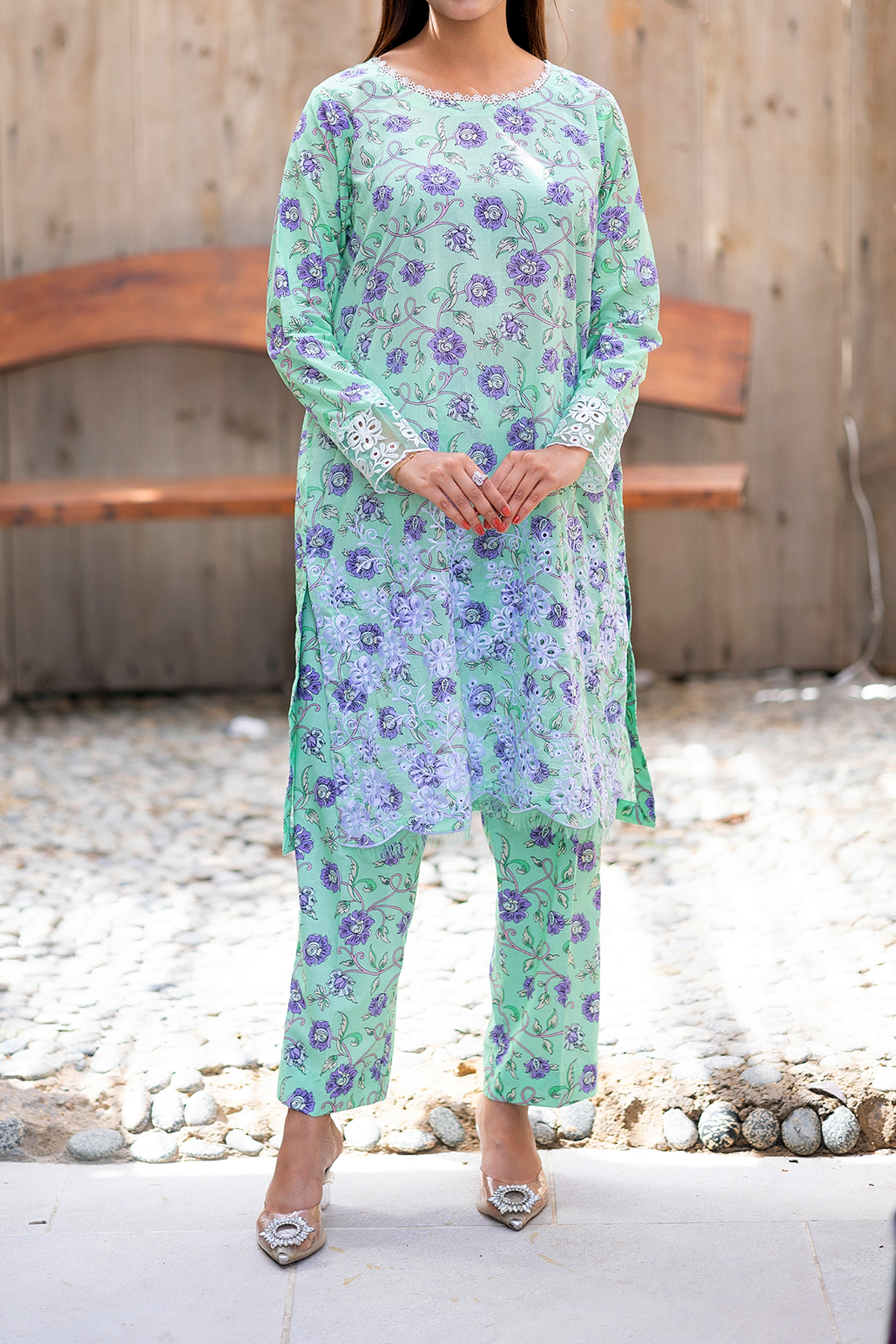 Minty Purple 3 Piece Unstitched Chikankari