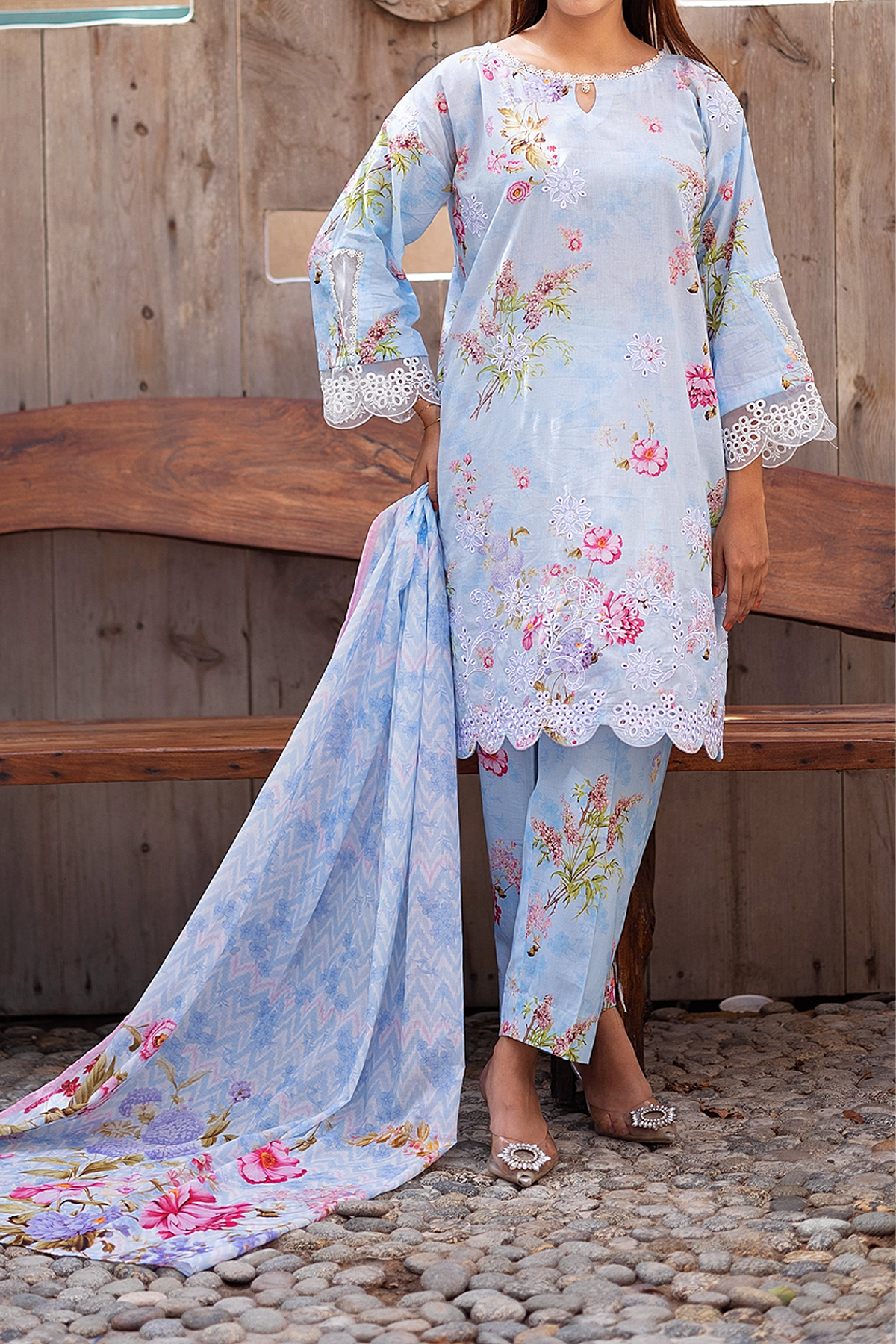 Sky Blossom 3 Piece Unstitched Chikankari Suit