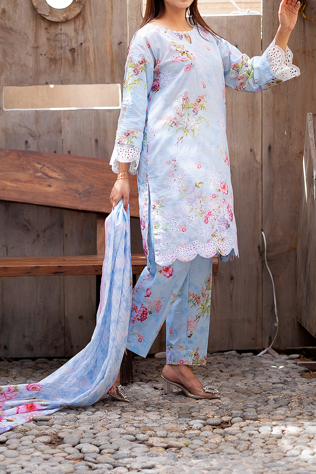 Sky Blossom 3 Piece Unstitched Chikankari Suit