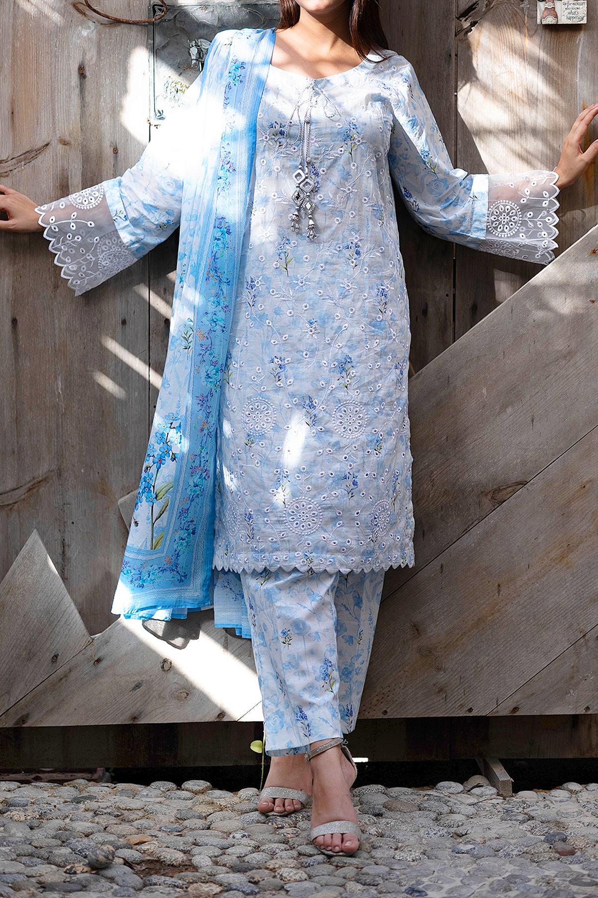 Floral Frost 3 Piece Unstitched Chikankari