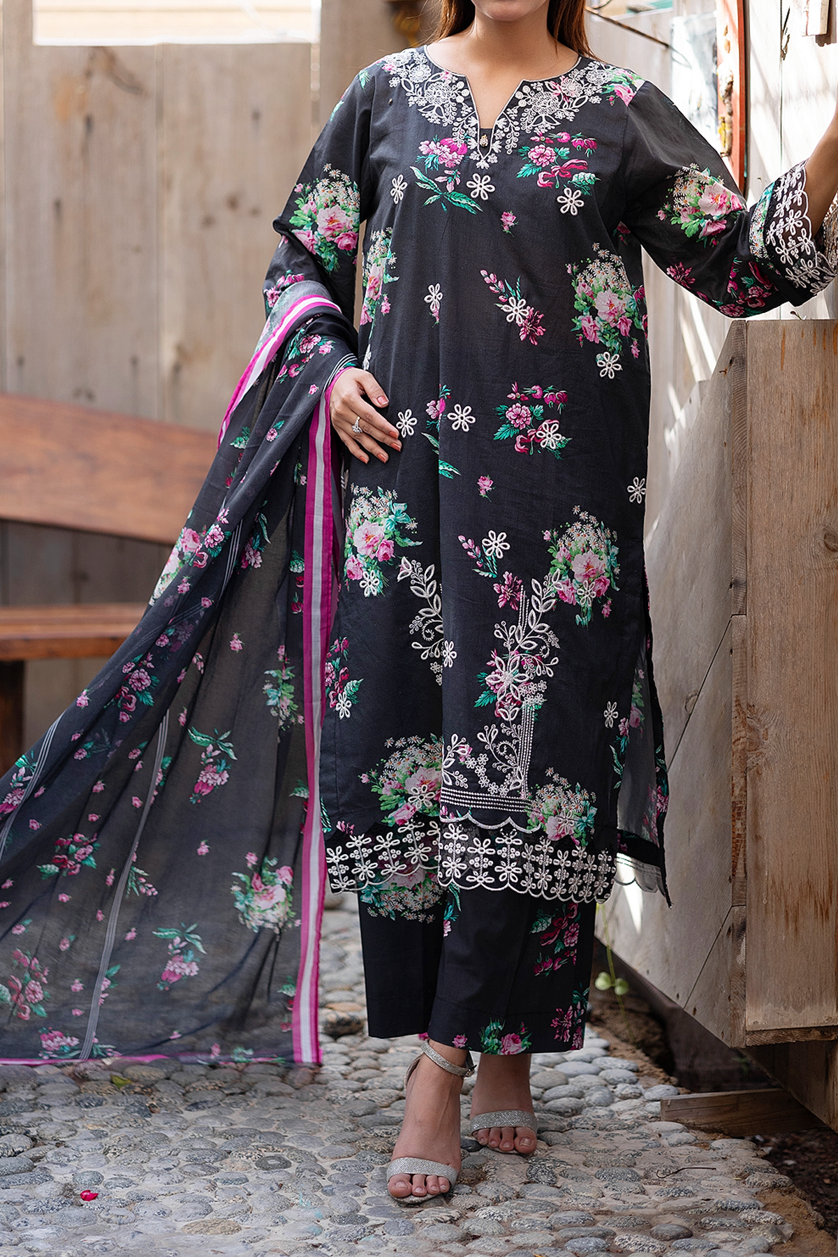 Black Peony 3 Piece Unstitched chikankari