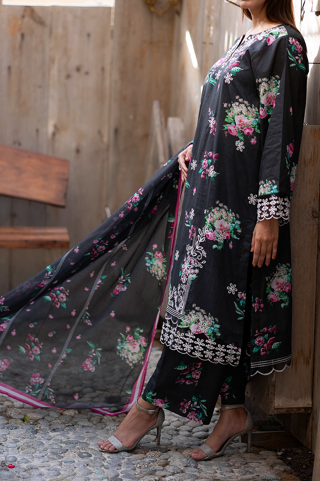 Black Peony 3 Piece Unstitched chikankari