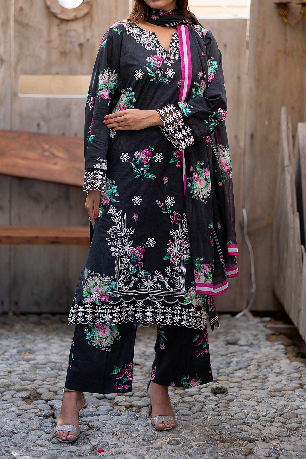 Black Peony 3 Piece Unstitched chikankari