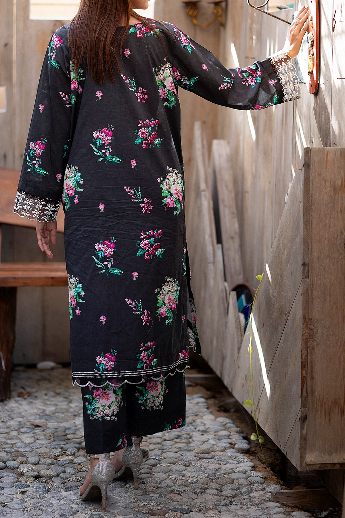 Black Peony 3 Piece Unstitched chikankari