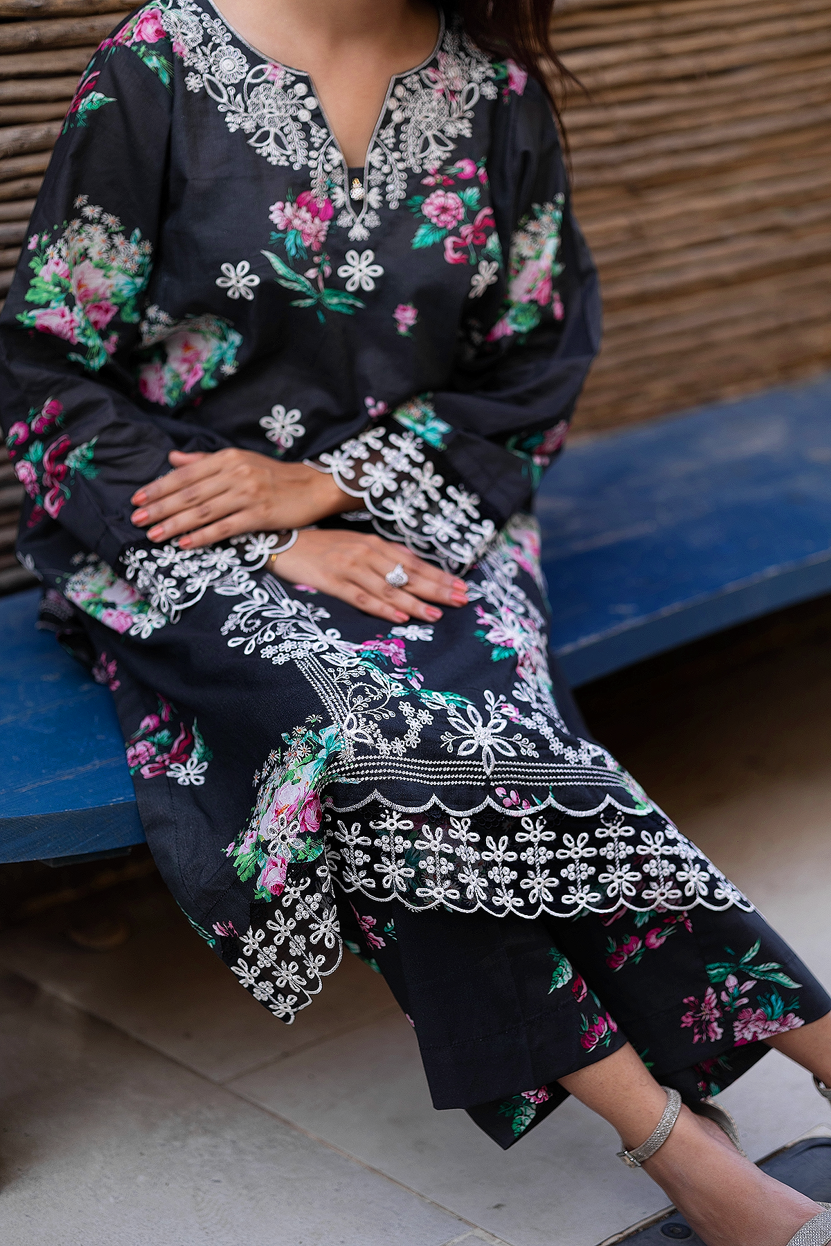Black Peony 3 Piece Unstitched chikankari
