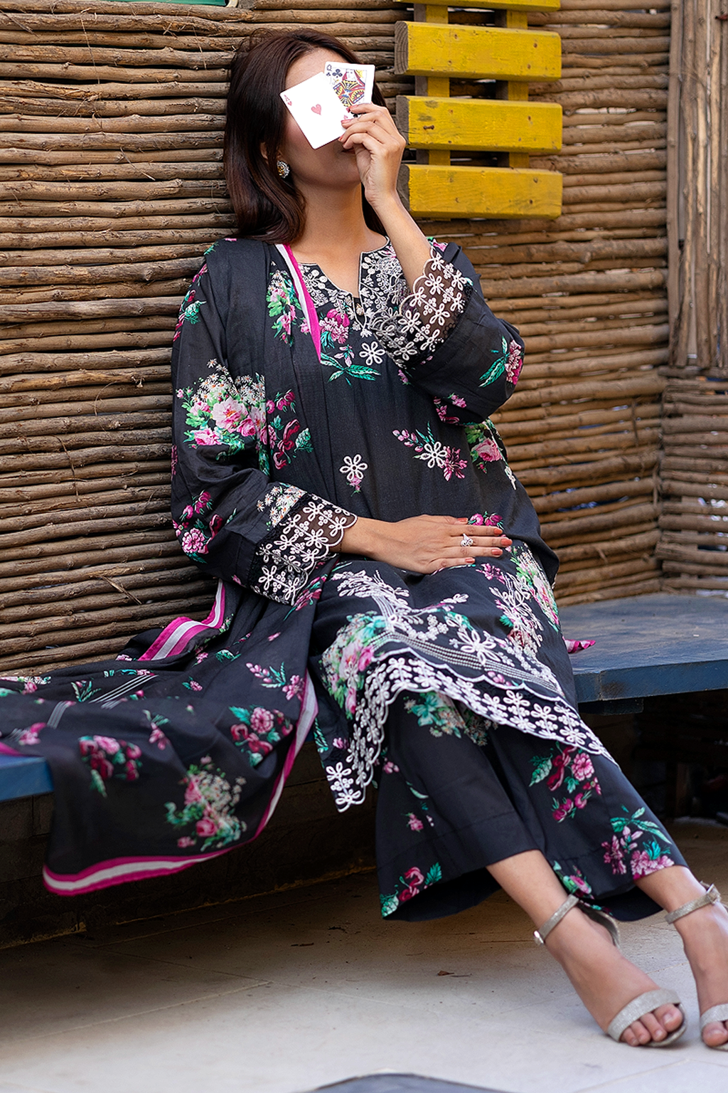 Black Peony 3 Piece Unstitched chikankari