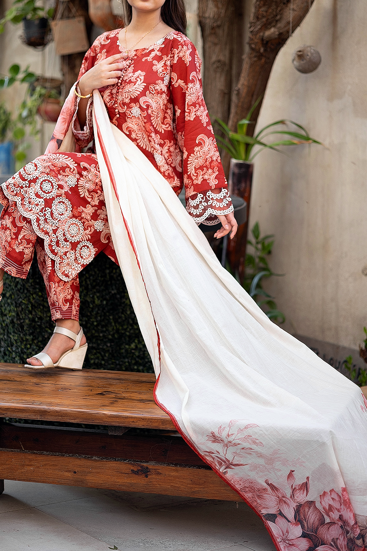 Heirloom Red 3 Piece Unstitched chikankari