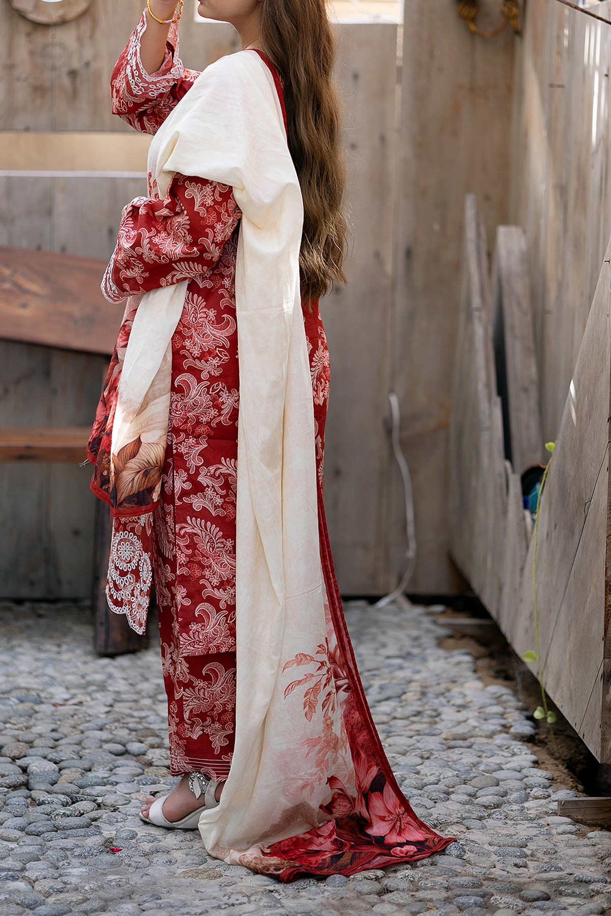 Heirloom Red 3 Piece Unstitched chikankari