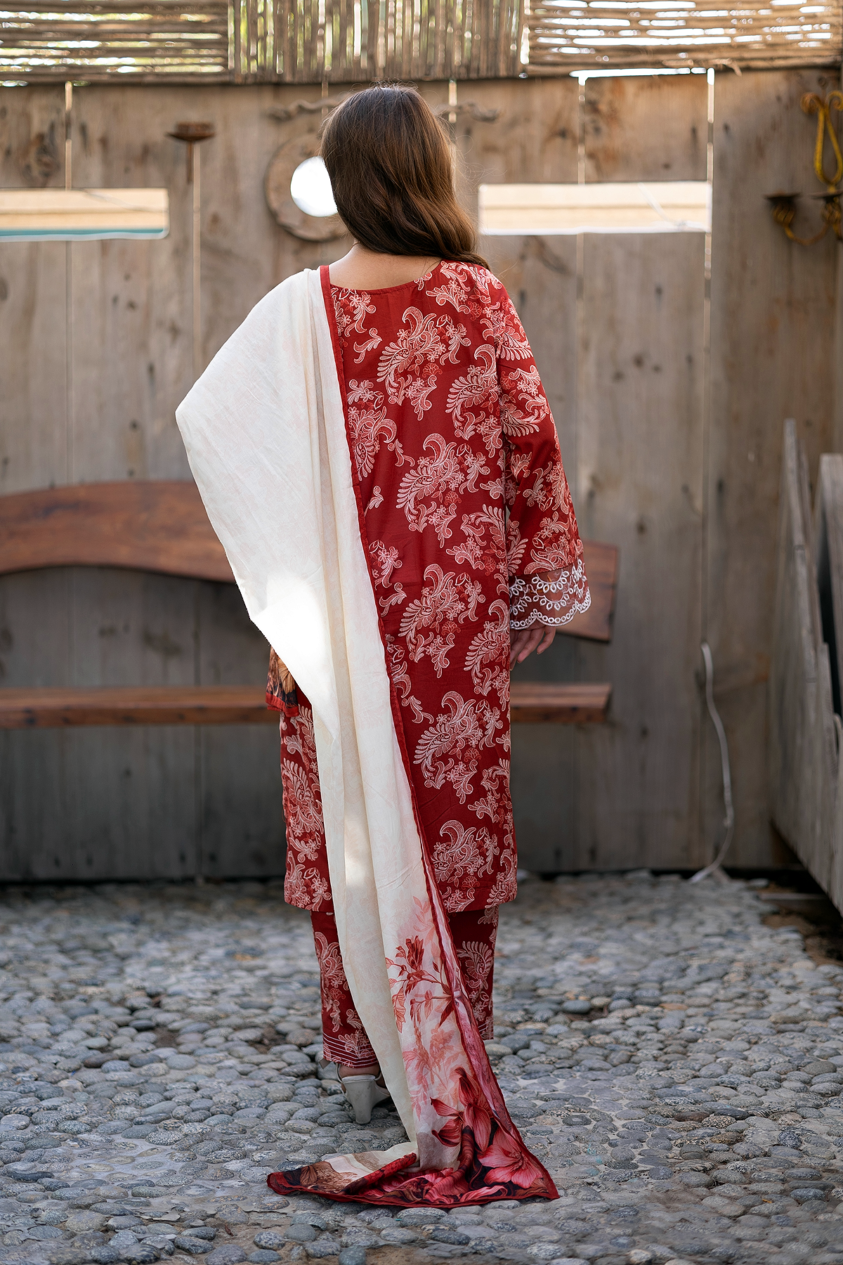 Heirloom Red 3 Piece Unstitched chikankari