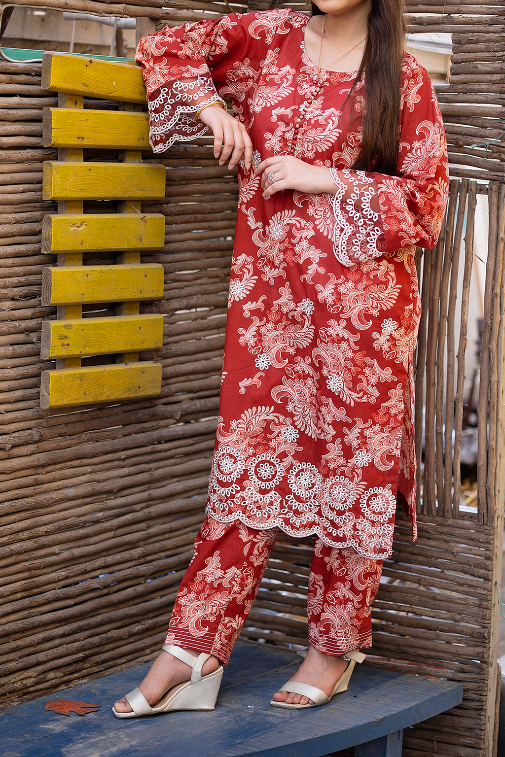 Heirloom Red 3 Piece Unstitched chikankari