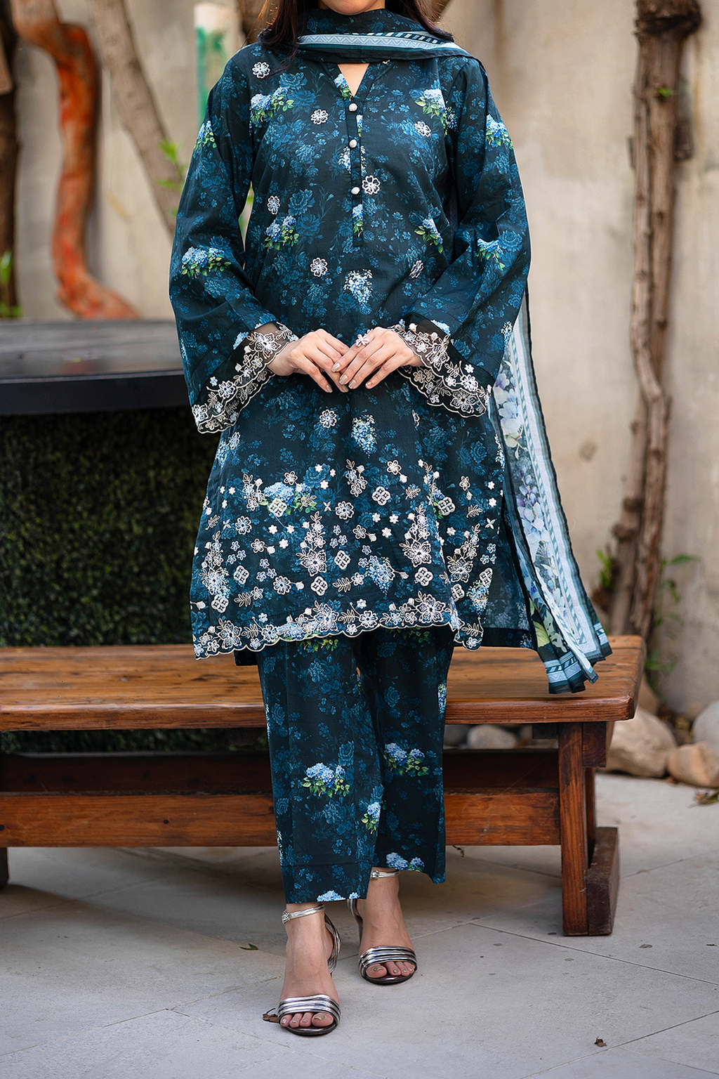 Emerald Dusk 3 Piece Unstitched Chikankari Suit
