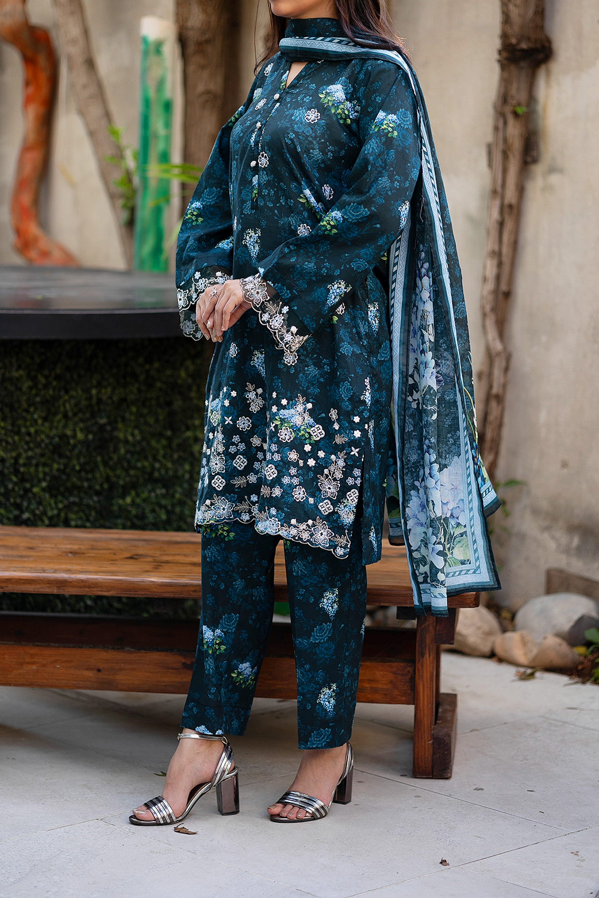 Emerald Dusk 3 Piece Unstitched Chikankari Suit