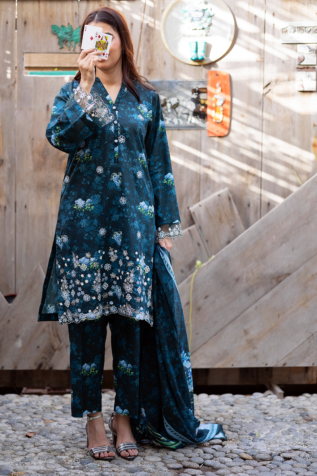 Emerald Dusk 3 Piece Unstitched Chikankari Suit