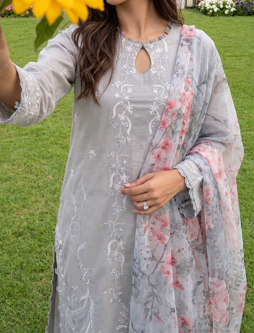 Ash & Rose 3 Piece Unstitched Embroidered Cotton Lawn