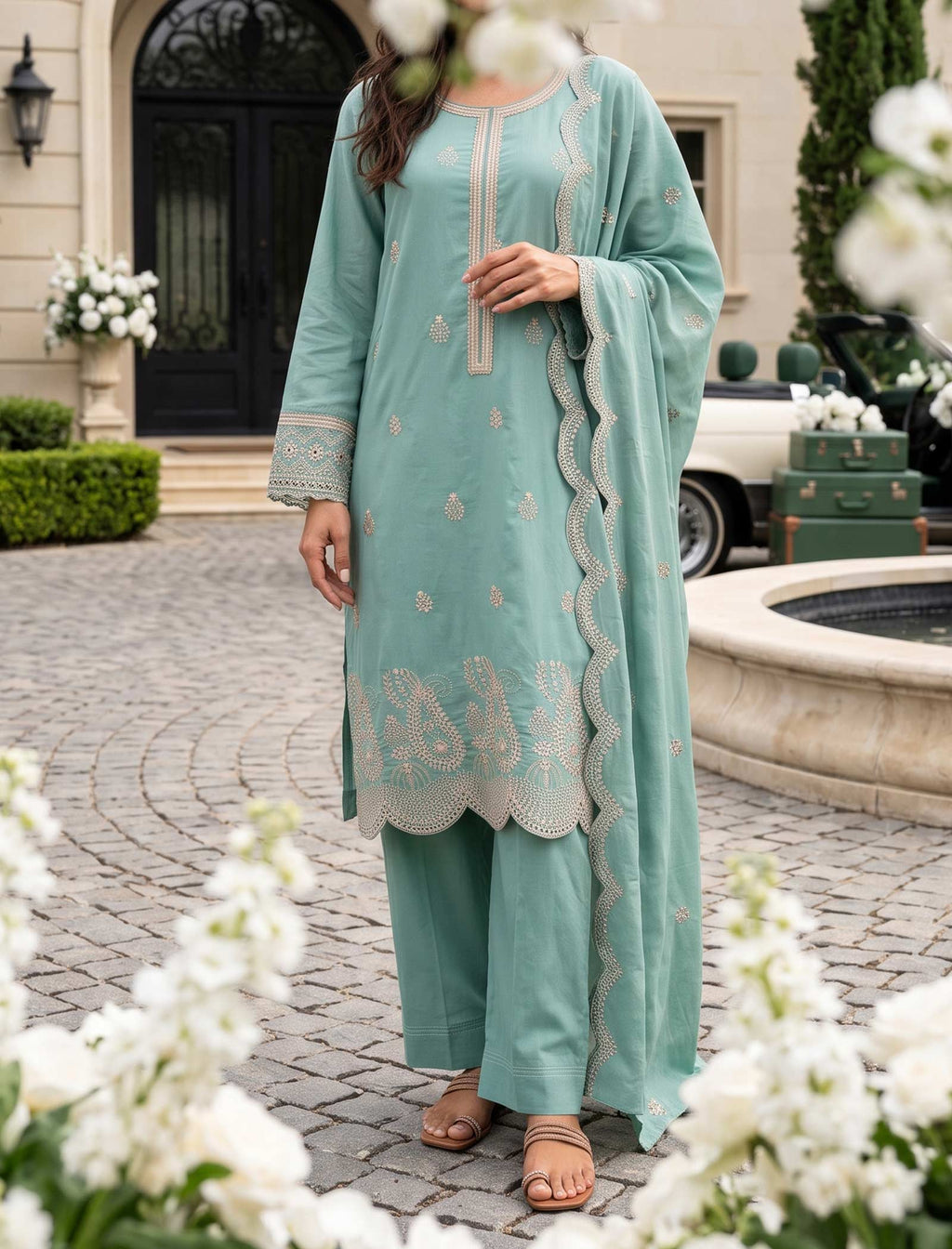 Gilded Teal 3 Piece Unstitched Embroidered Cotton Lawn