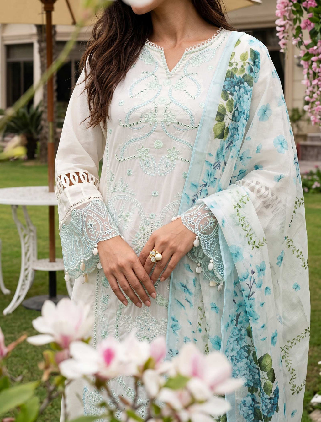 Cream Blossom 3 Piece Unstitched Embroidered Cotton Lawn