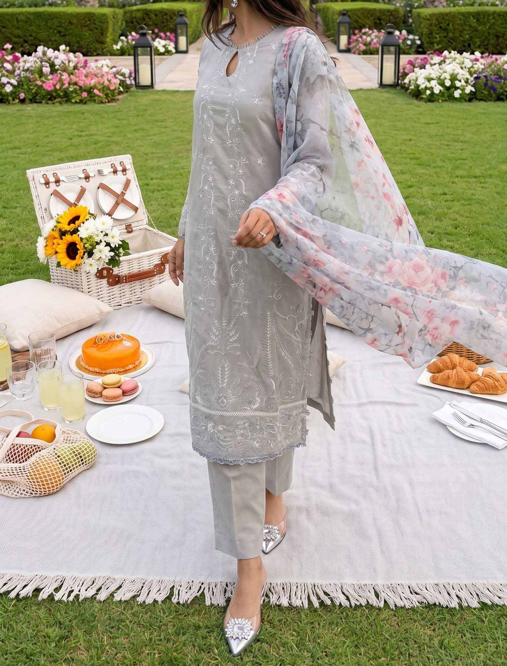 Ash & Rose 3 Piece Unstitched Embroidered Cotton Lawn