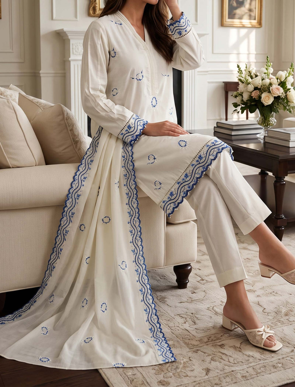 Cobalt Cream 3 Piece Unstitched Embroidered Cotton Lawn