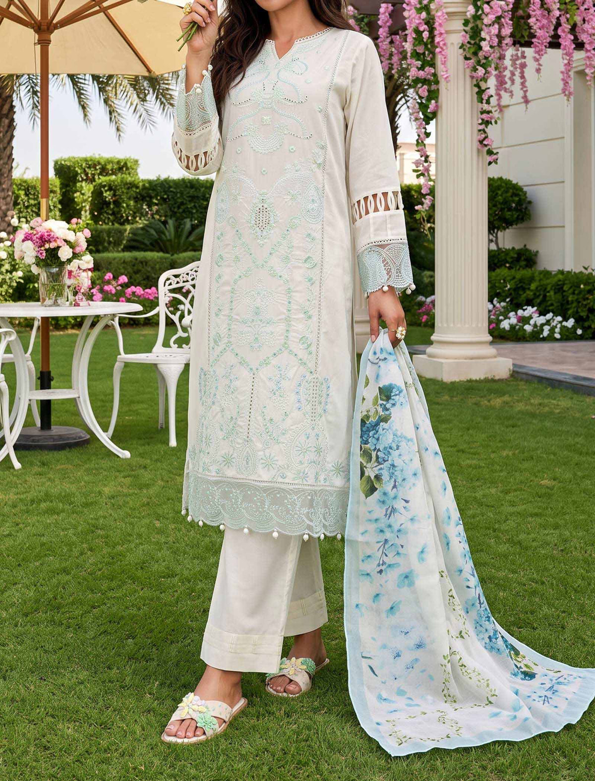 Cream Blossom 3 Piece Unstitched Embroidered Cotton Lawn