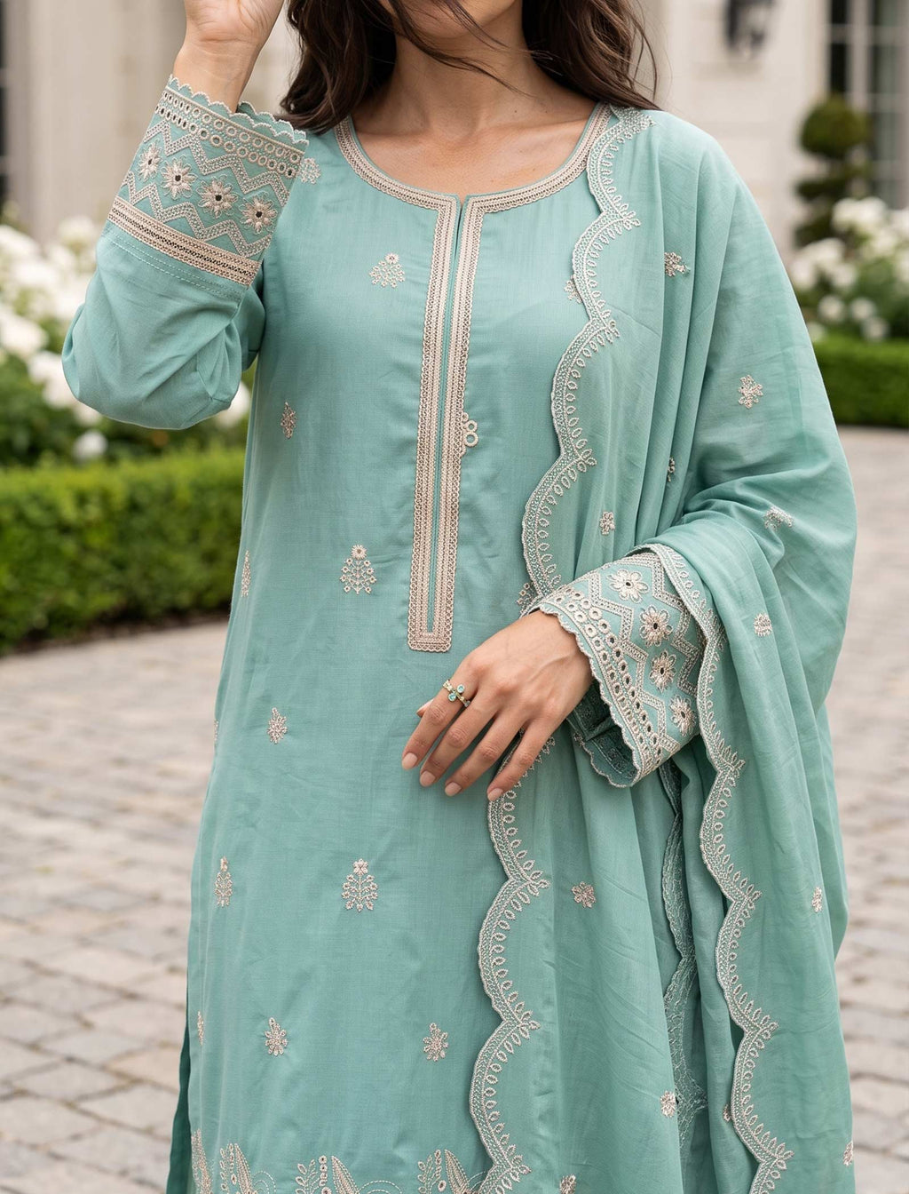 Gilded Teal 3 Piece Unstitched Embroidered Cotton Lawn