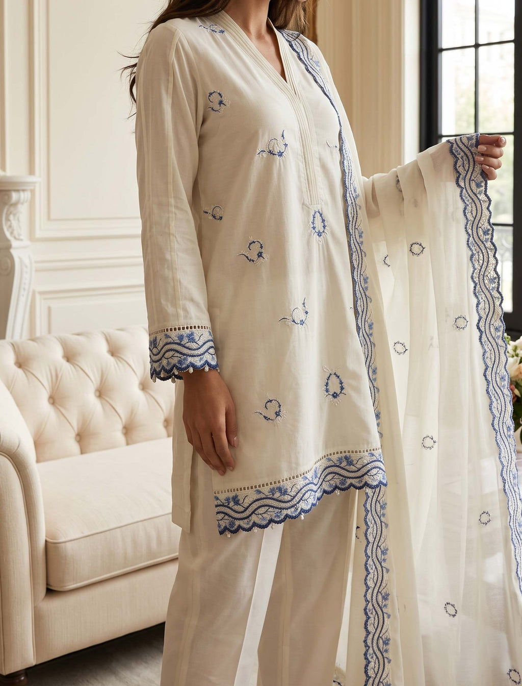 Cobalt Cream 3 Piece Unstitched Embroidered Cotton Lawn