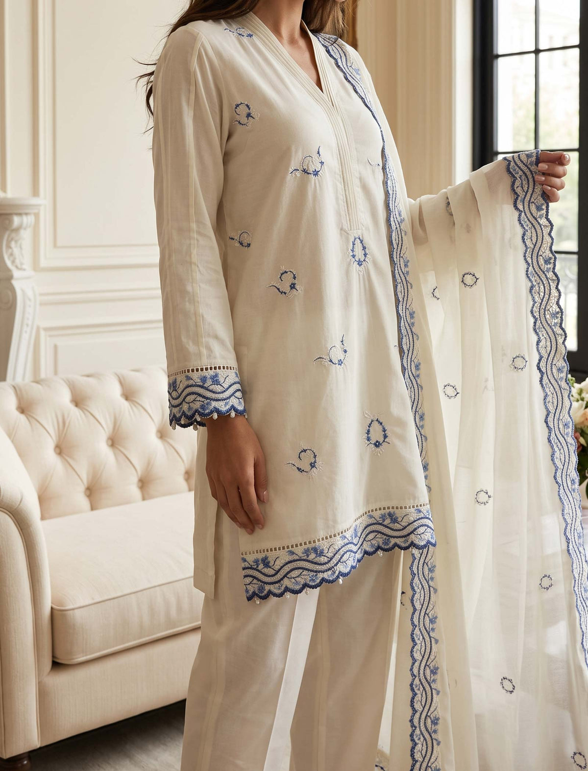 Cobalt Cream 3 Piece Unstitched Embroidered Cotton Lawn