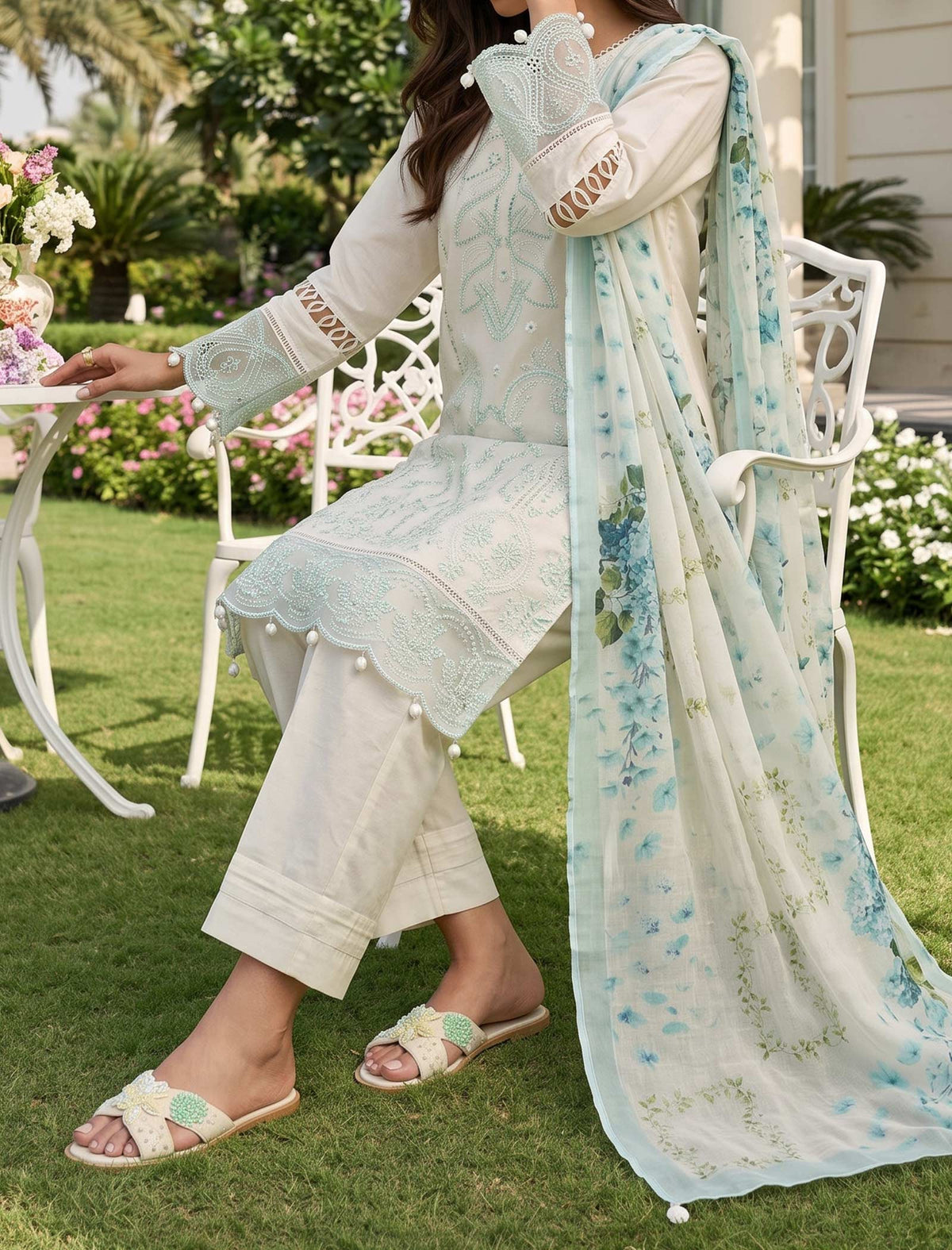 Cream Blossom 3 Piece Unstitched Embroidered Cotton Lawn