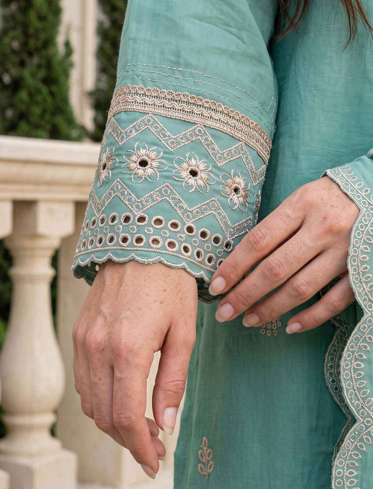 Gilded Teal 3 Piece Unstitched Embroidered Cotton Lawn
