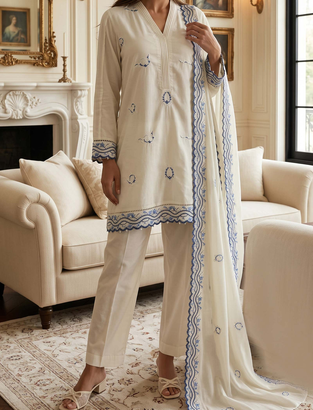 Cobalt Cream 3 Piece Unstitched Embroidered Cotton Lawn