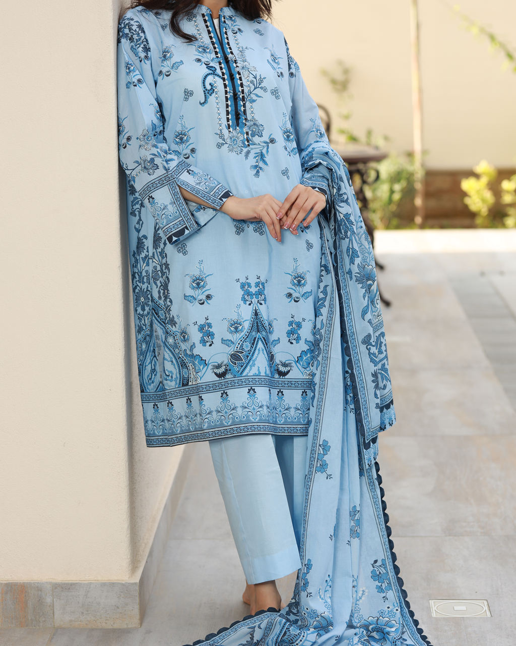 Summer Reverie Lawn Digital Print Unstitched Suit Set in powder blue with printed floral motifs, three-piece outfit for women.