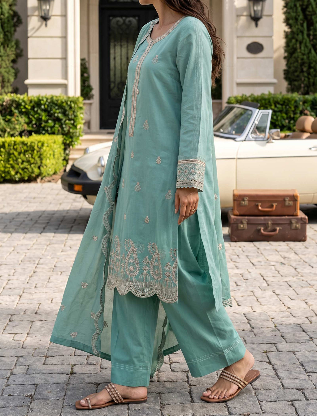 Gilded Teal 3 Piece Unstitched Embroidered Cotton Lawn