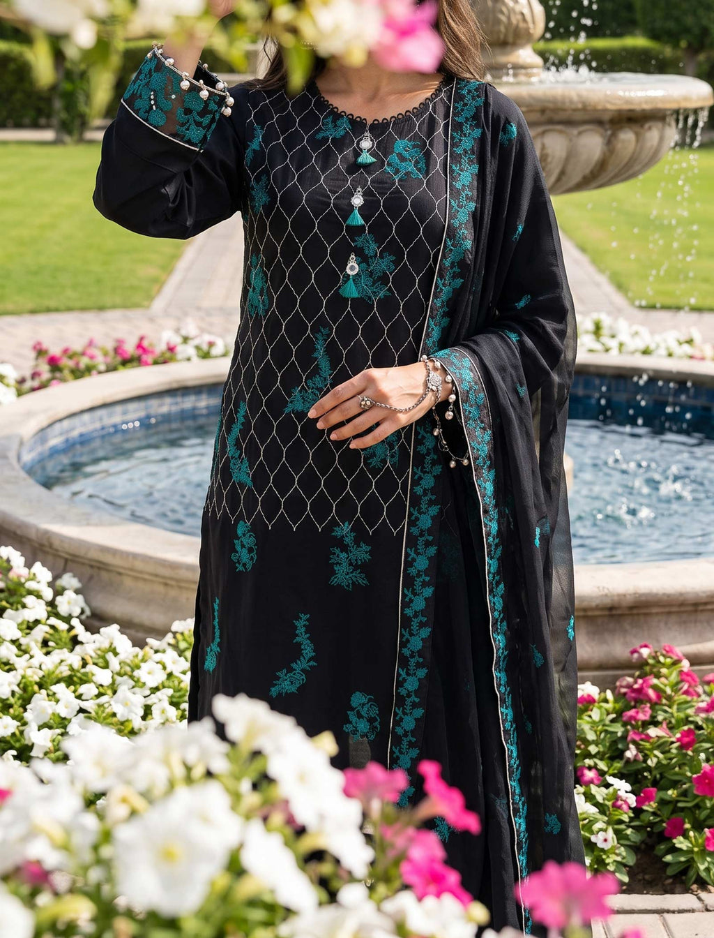 Peacock Noir 3 Piece Unstitched Embroidered Cotton Lawn