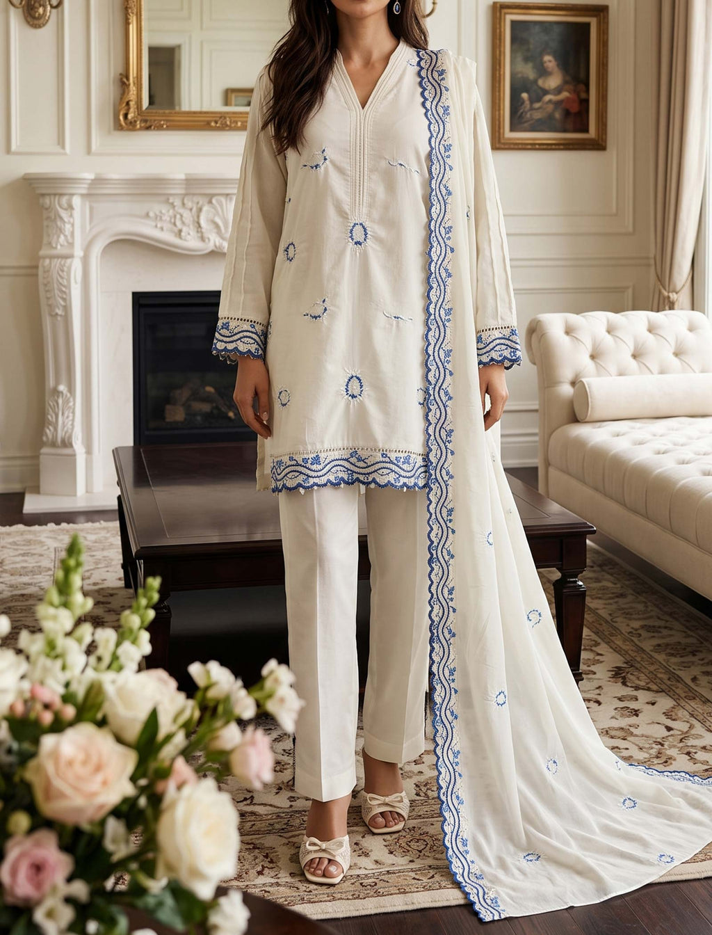 Cobalt Cream 3 Piece Unstitched Embroidered Cotton Lawn
