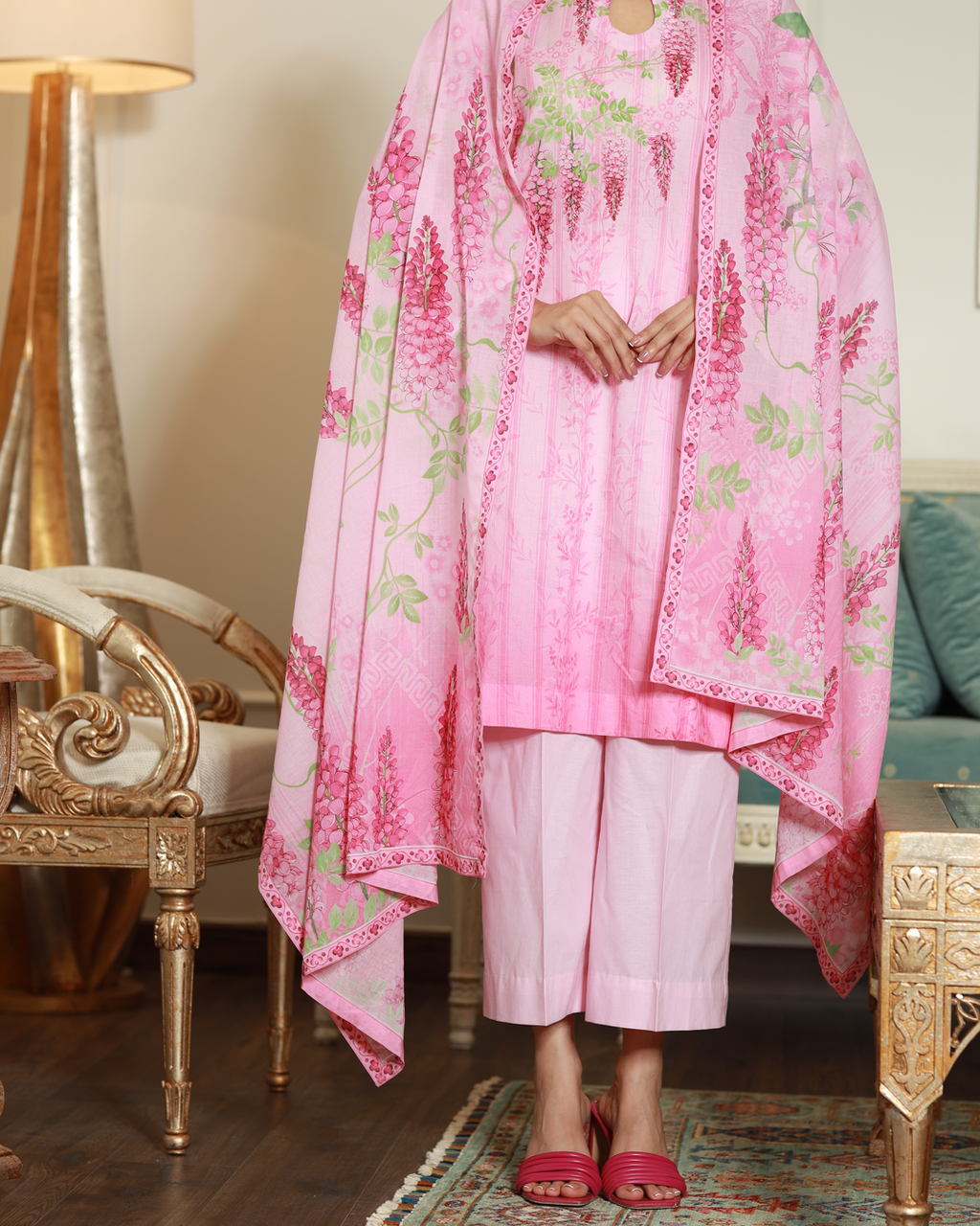 Whispered Grace Lawn Digital Print Unstitched Suit Set in delicate blush pink with soft floral design and lace-style borders, three-piece outfit for women.