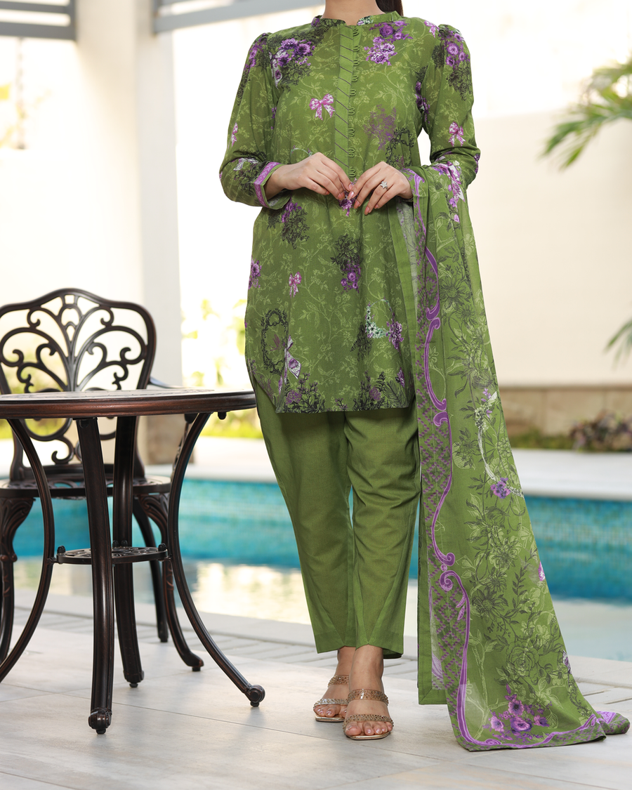Olive Garden Lawn Digital Print Unstitched Suit Set in mehndi olive green with floral pattern, three-piece lightweight lawn fabric ethnic outfit for women.