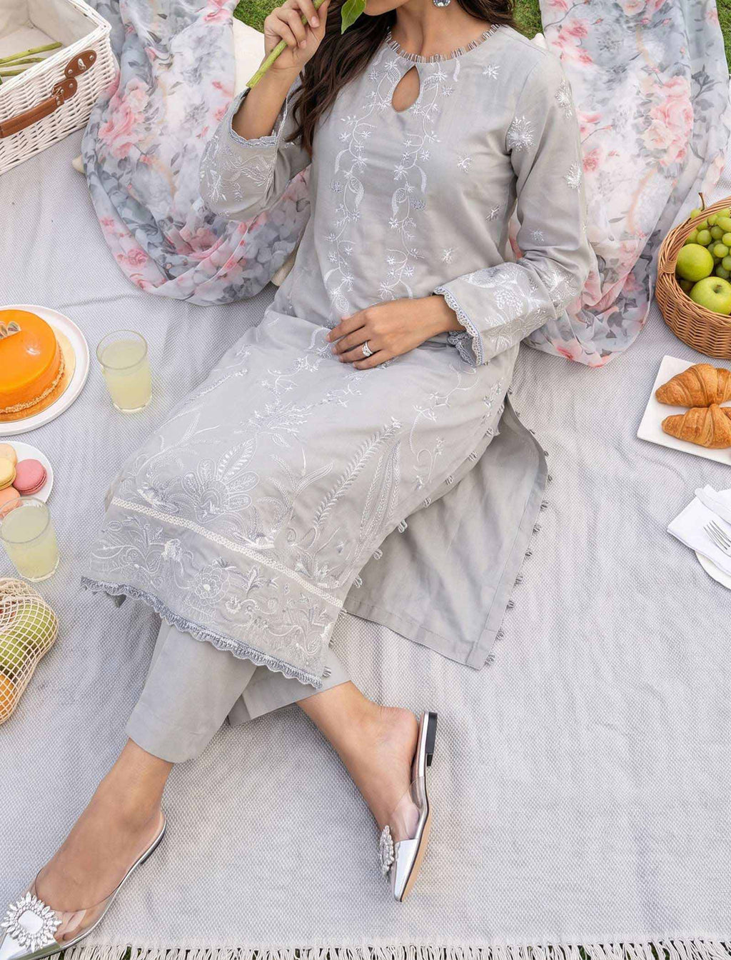 Ash & Rose 3 Piece Unstitched Embroidered Cotton Lawn