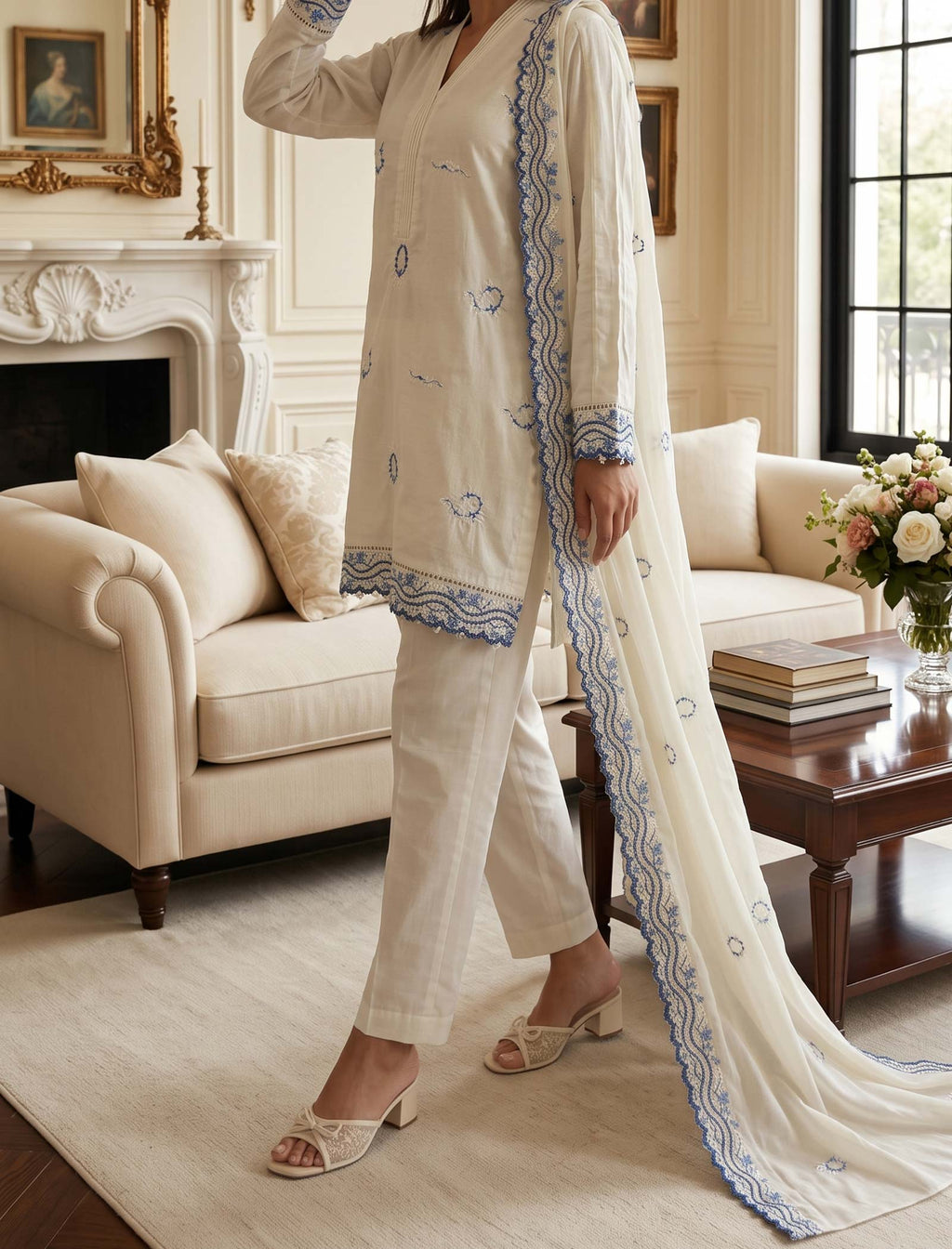 Cobalt Cream 3 Piece Unstitched Embroidered Cotton Lawn