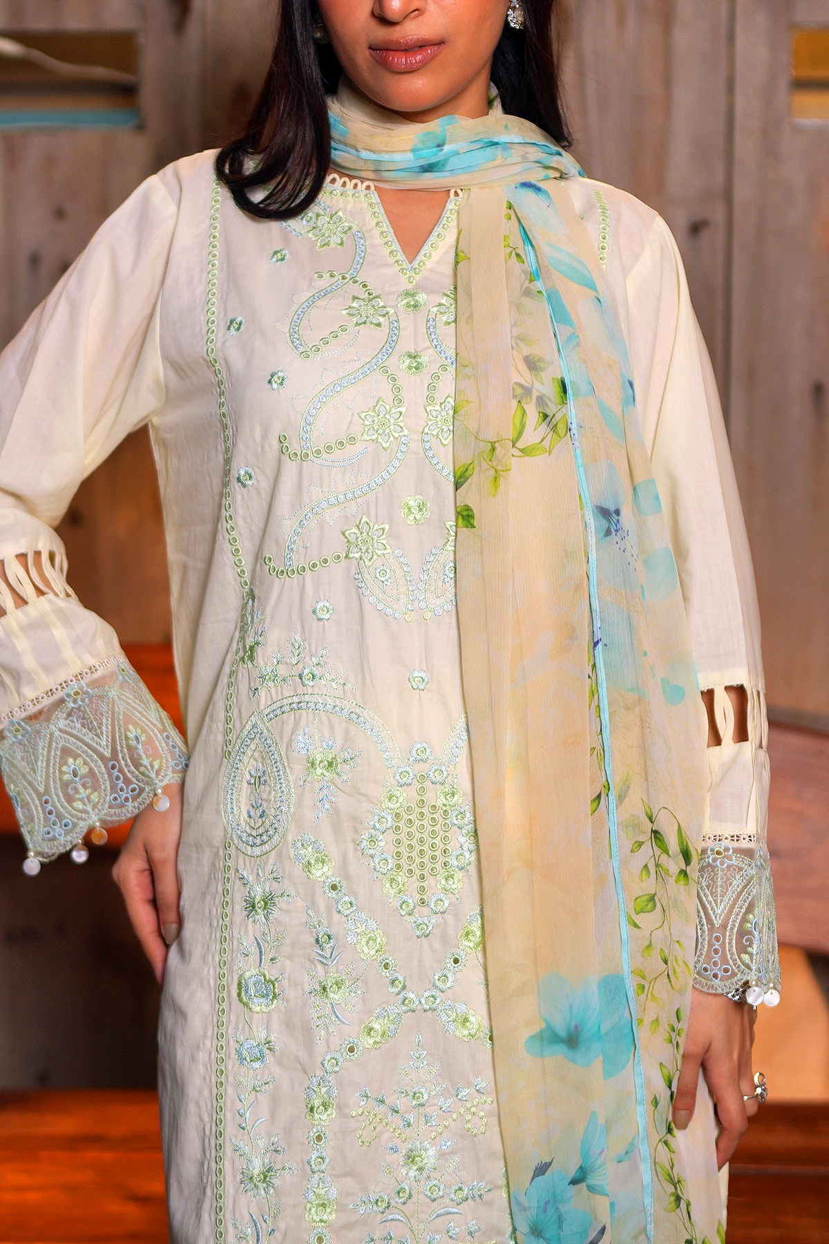 Cream Blossom 3 Piece Unstitched Embroidered Cotton Lawn