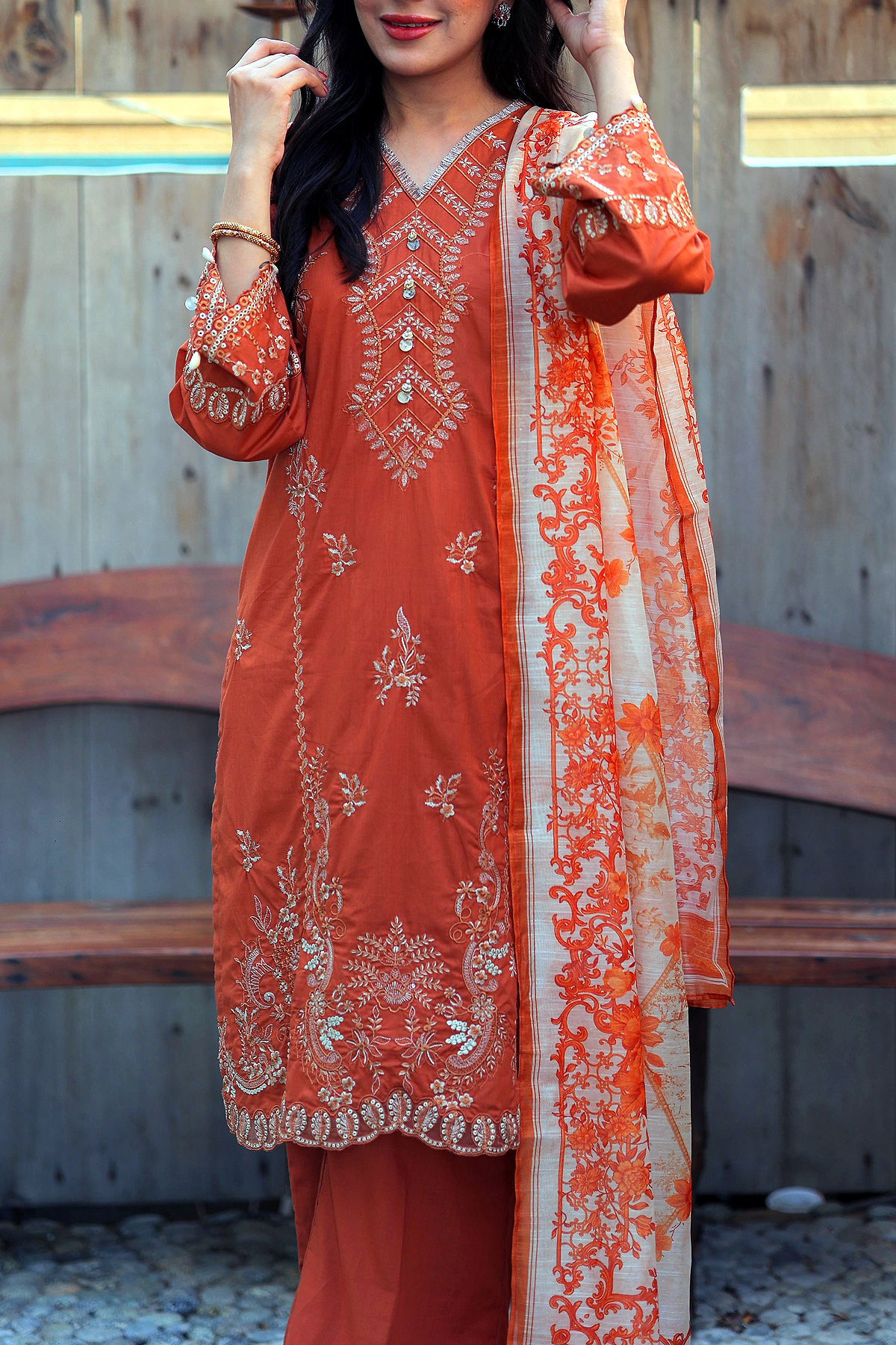 Burnt Amber 3 Piece Unstitched Embroidered Cotton Lawn