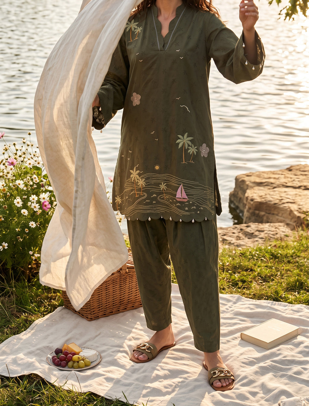 OLIVE DRAFT - 2 PIECE EMBROIDERED SUIT