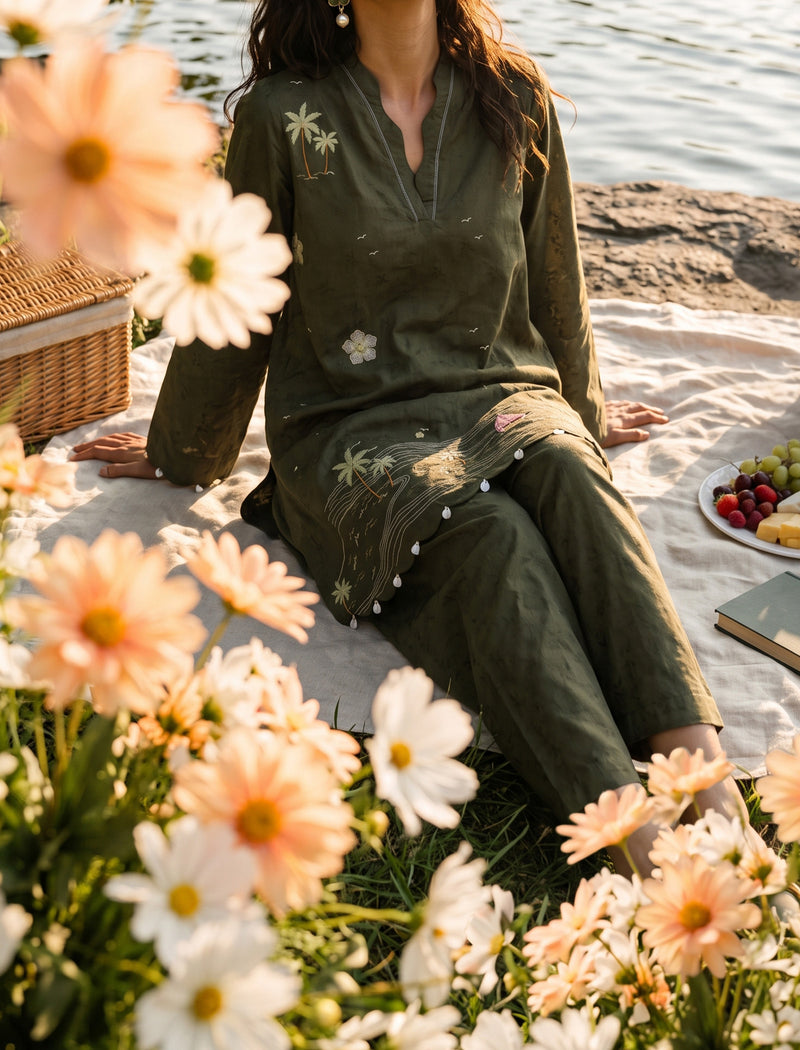 OLIVE DRAFT - 2 PIECE EMBROIDERED SUIT