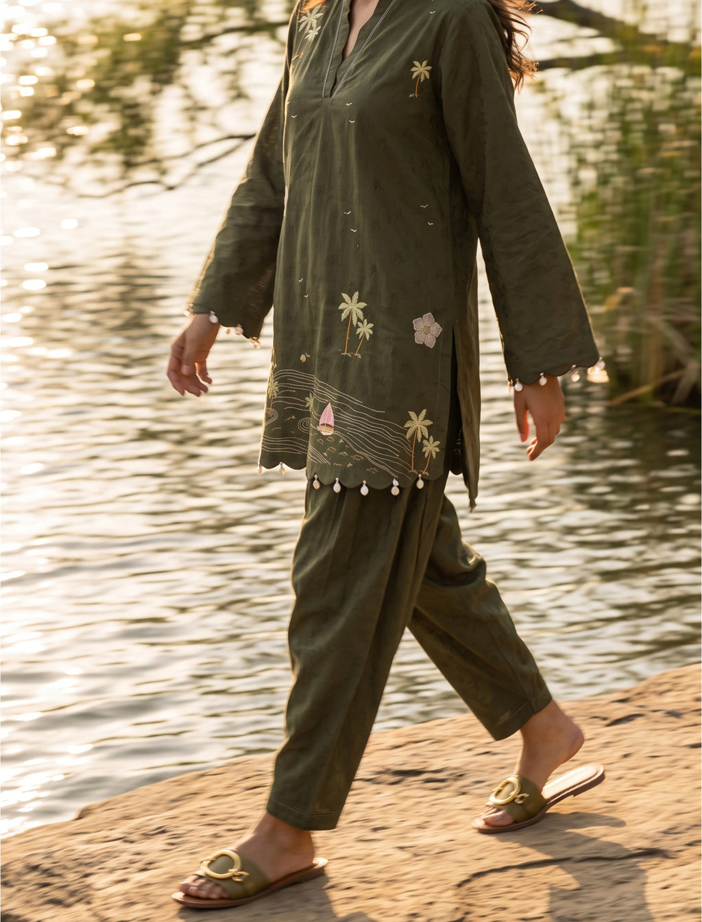 OLIVE DRAFT - 2 PIECE EMBROIDERED SUIT