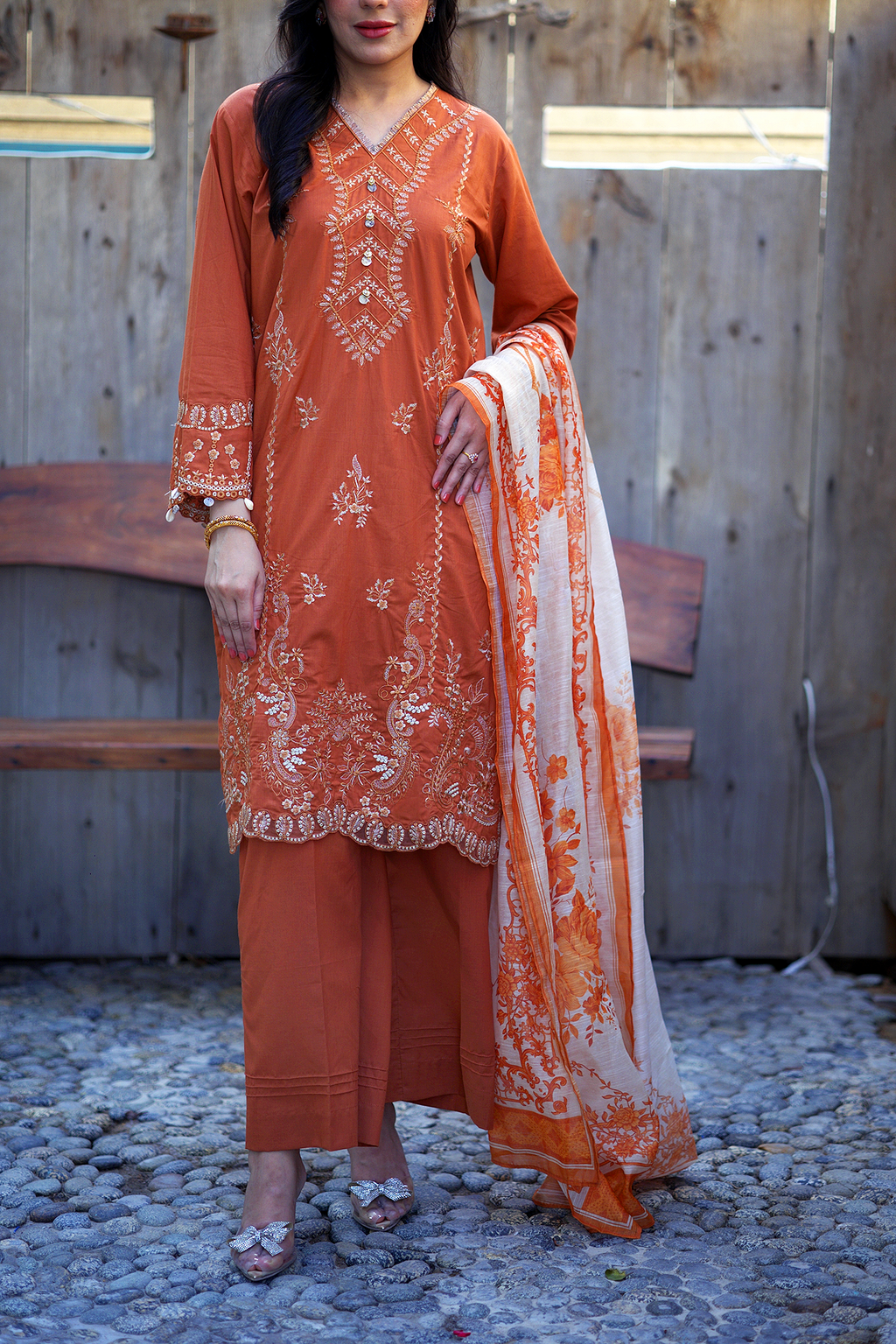 Burnt Amber 3 Piece Unstitched Embroidered Cotton Lawn