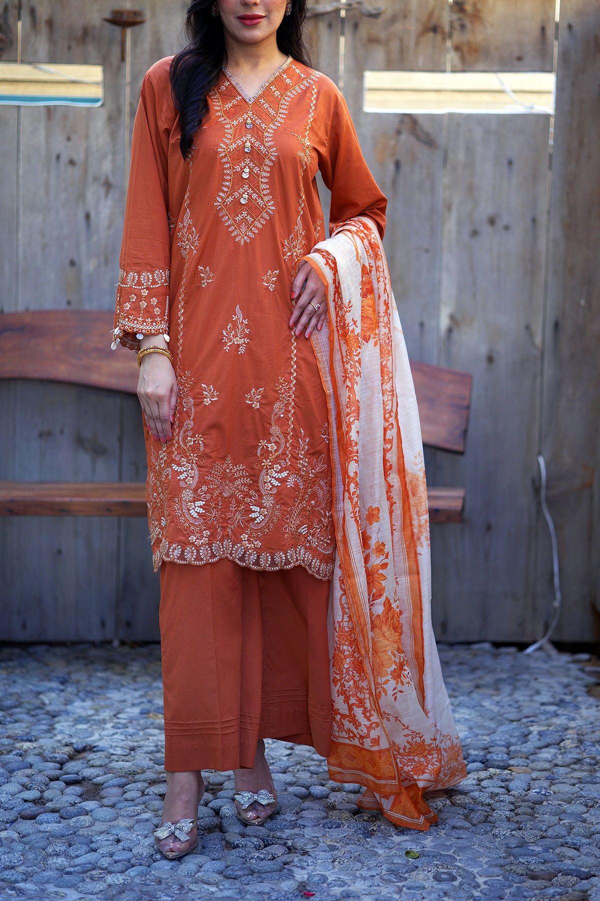 Burnt Amber 3 Piece Unstitched Embroidered Cotton Lawn