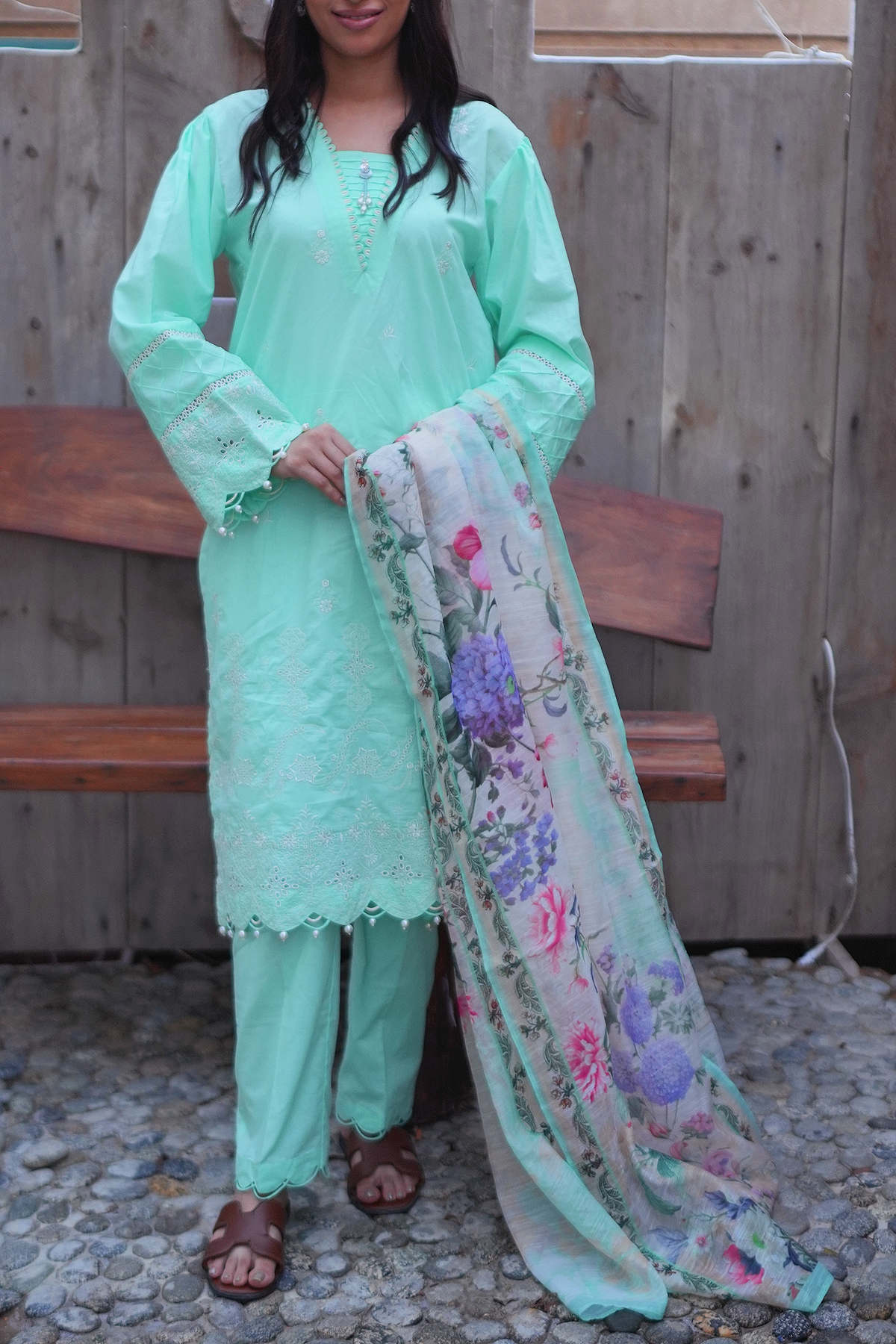 Willow Green 3 Piece Unstitched Embroidered Cotton Lawn