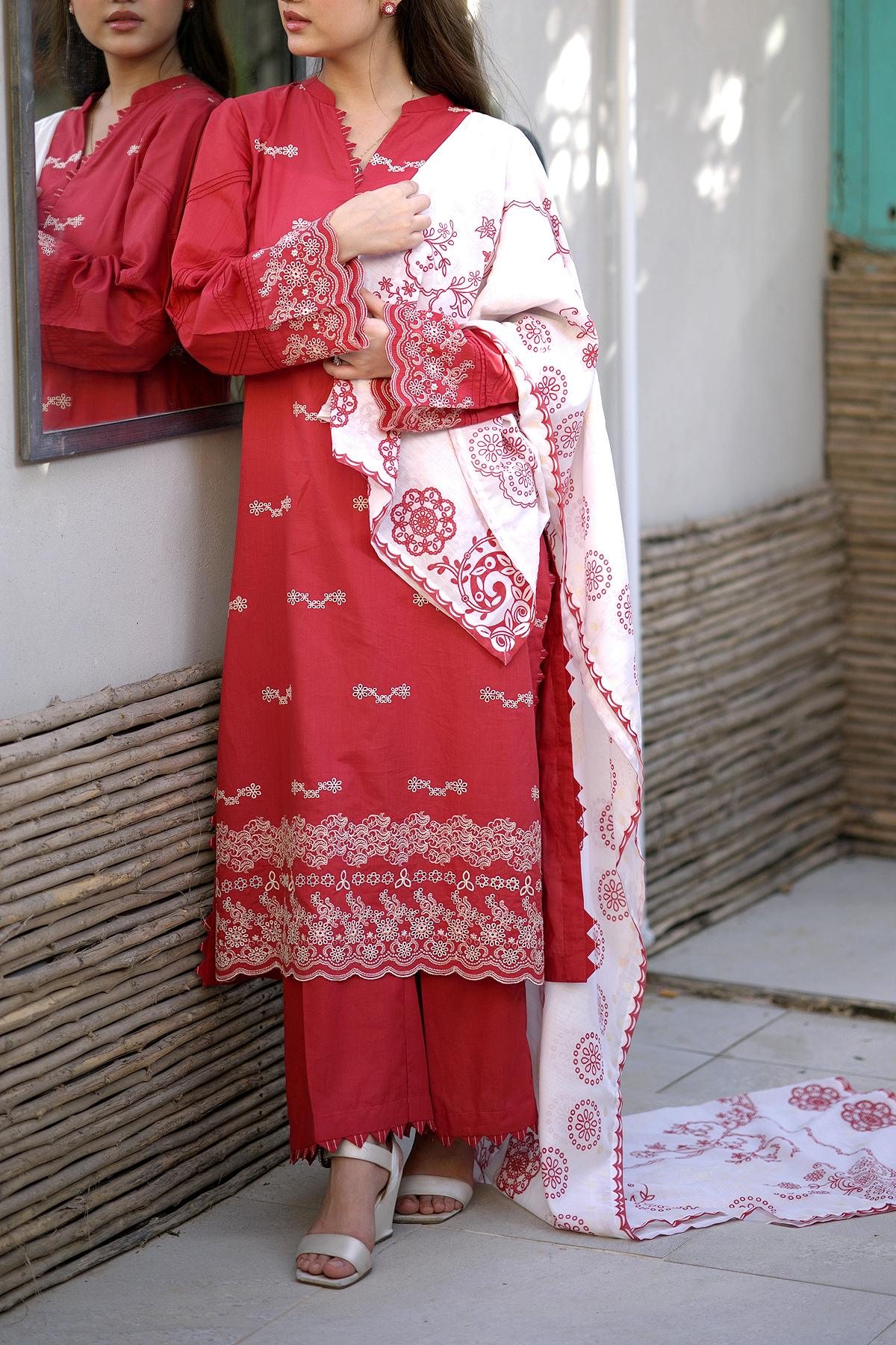 Red Dahlia 3 Piece Unstitched Embroidered Cotton Lawn