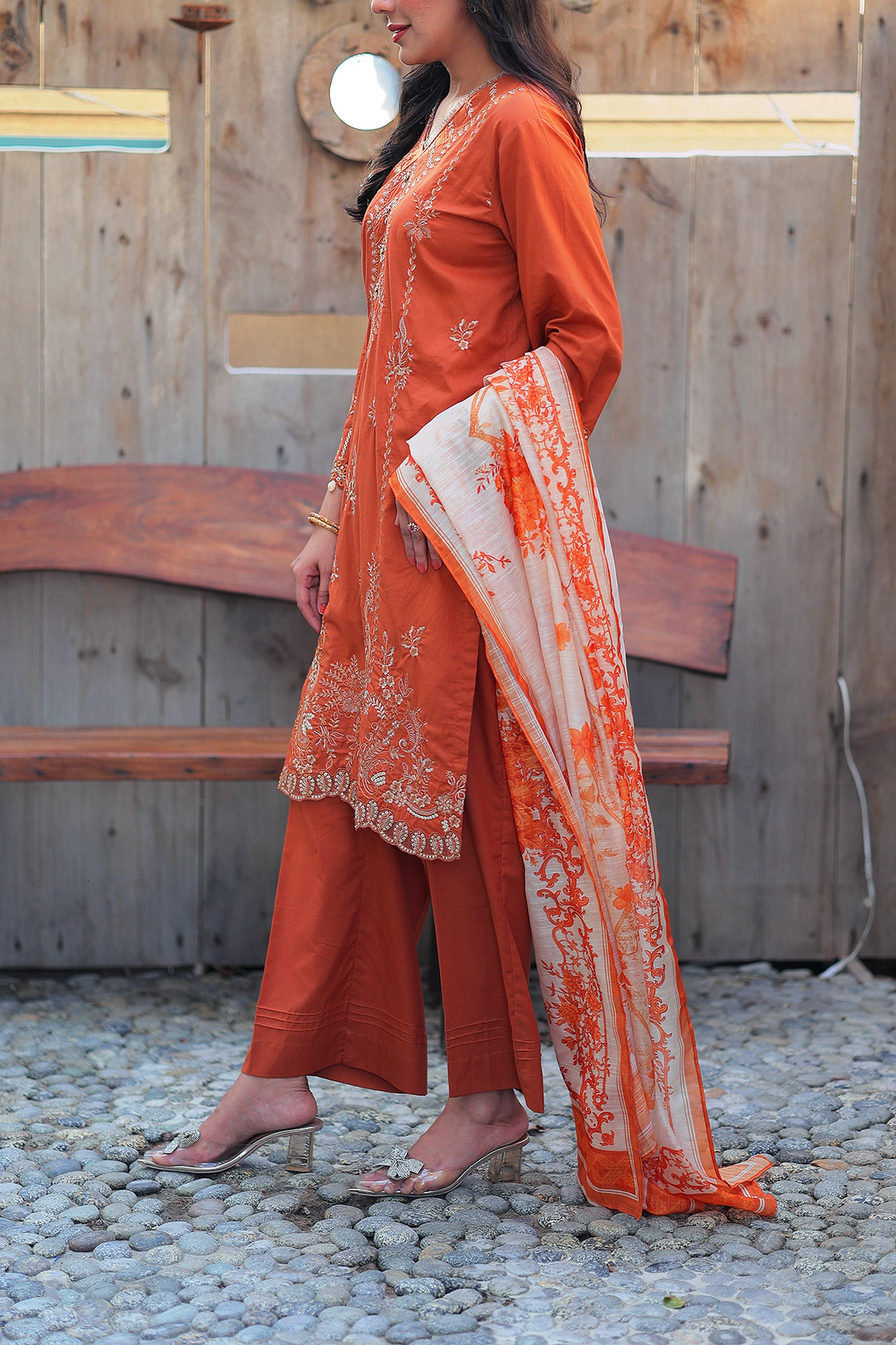 Burnt Amber 3 Piece Unstitched Embroidered Cotton Lawn